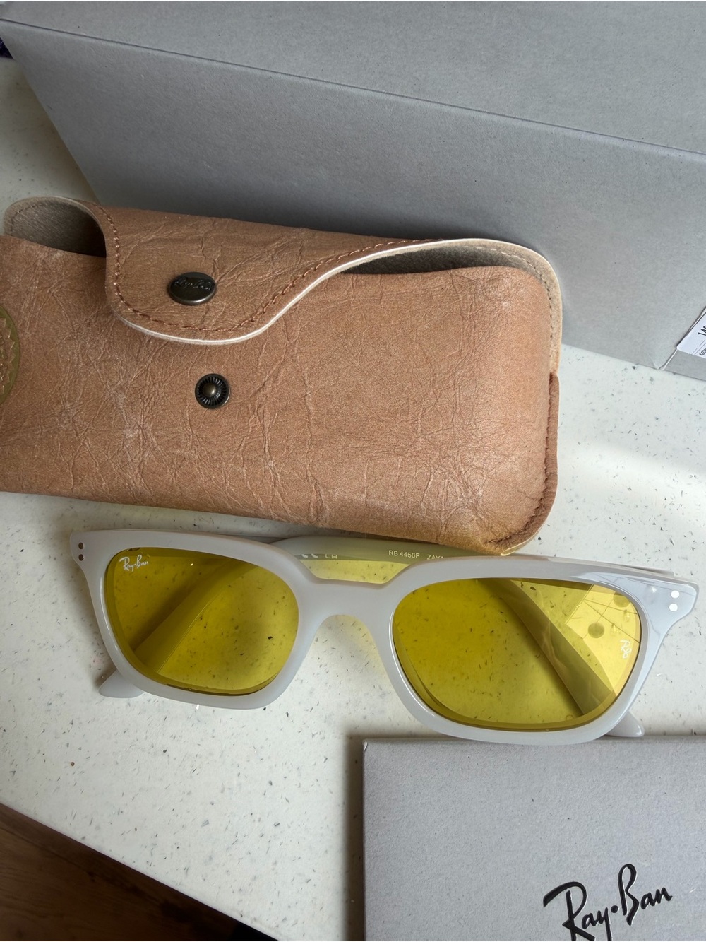 Ray-Ban White Frame Sunglasses with Yellow Flash Gold lens and Tan Case